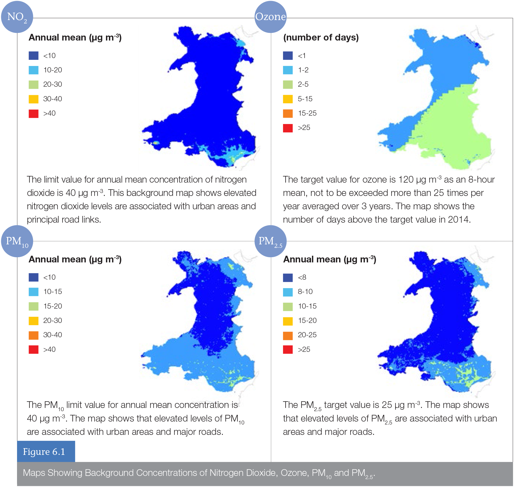 The background concentratons of Nitrogen Dioxide, Ozone, PM10 and PM2.5 illustrated maps of Wales.