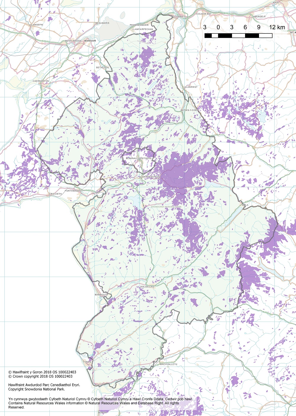 Map showing areas of peatland within Snowdonia National Park